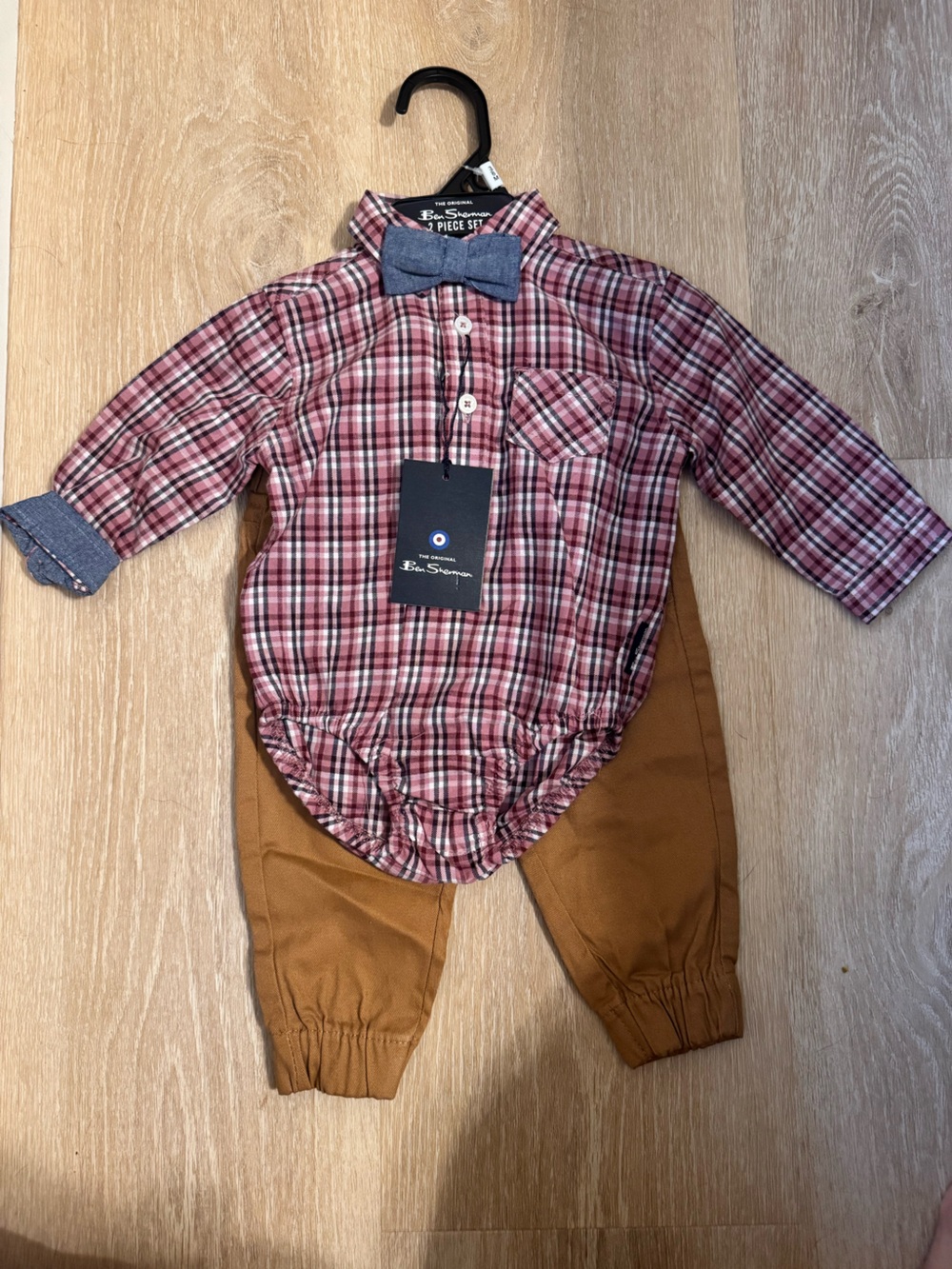 Ben Sherman Red Plaid Button-Down Shirt with Blue Bow Tie